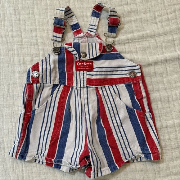 Vintage OshKosh Short Overalls, Size 12M Red White & Blue Stripes, Retro USA - Picture 1 of 6